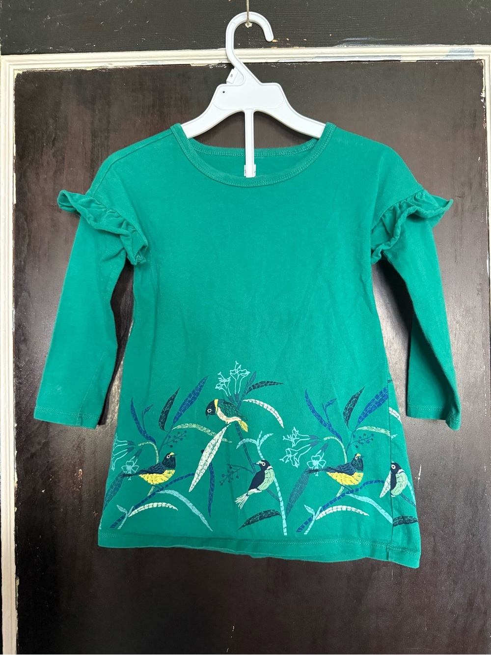 Tea Collection 3T  Girls' Green Long-Sleeve Bird-Print Tunic Dress with ruffles